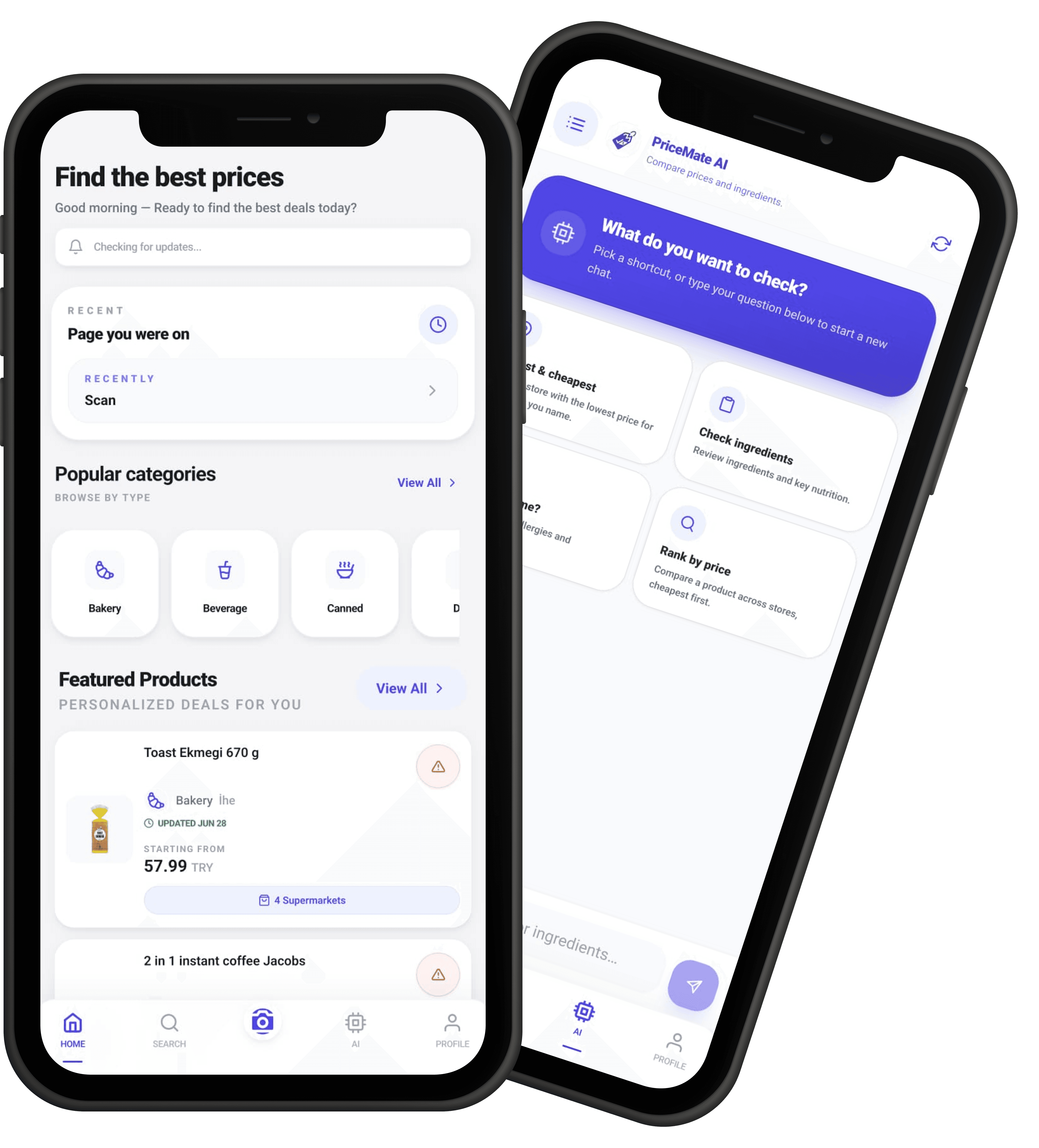 PriceMate home and AI assistant screens